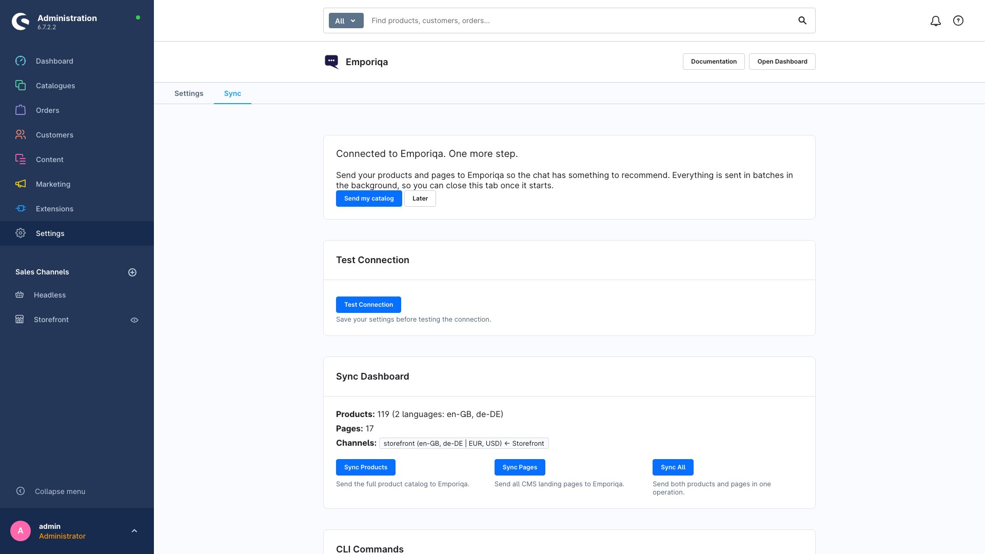 Shopware Administration Emporiqa Sync tab with Sync Dashboard showing product and page counts per channel, Sync Products, Sync Pages, and Sync All actions
