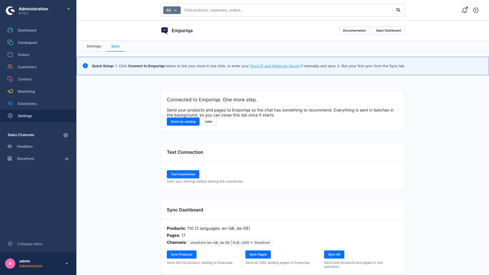 Shopware Administration Emporiqa Sync tab with Sync Dashboard showing product and page counts per channel, Sync Products, Sync Pages, and Sync All actions