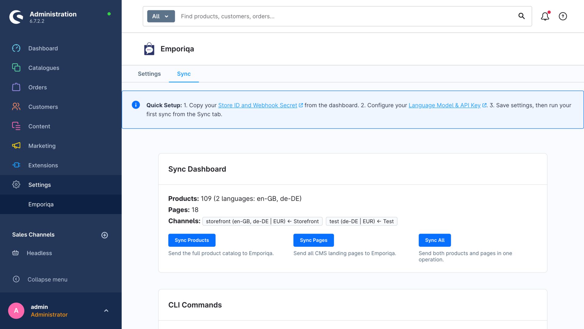 Shopware Administration Emporiqa Sync tab with Sync Dashboard showing product and page counts per channel, Sync Products, Sync Pages, and Sync All actions