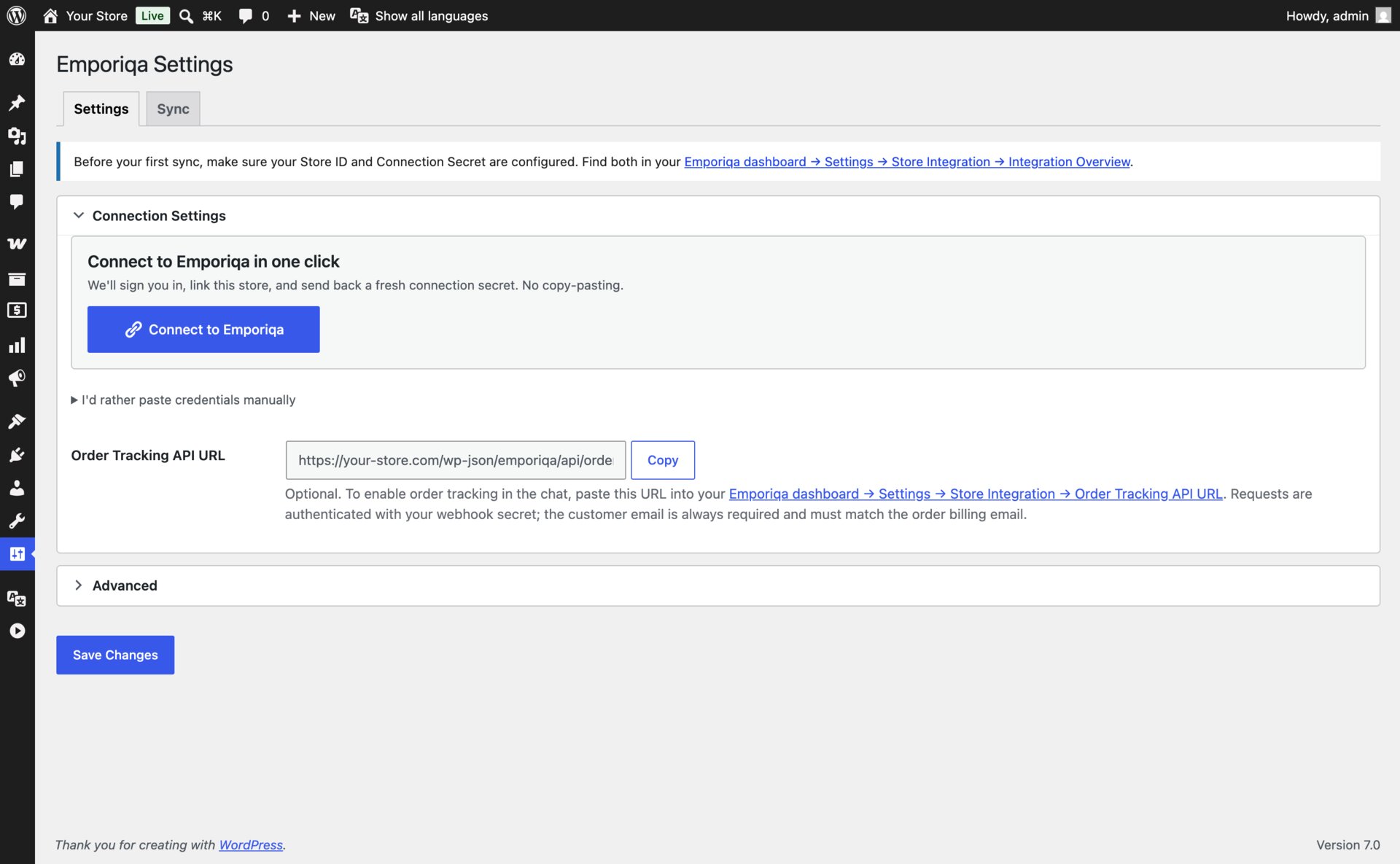 WordPress admin showing the Emporiqa Settings page with a primary Connect to Emporiqa button and a collapsed Edit credentials manually disclosure below