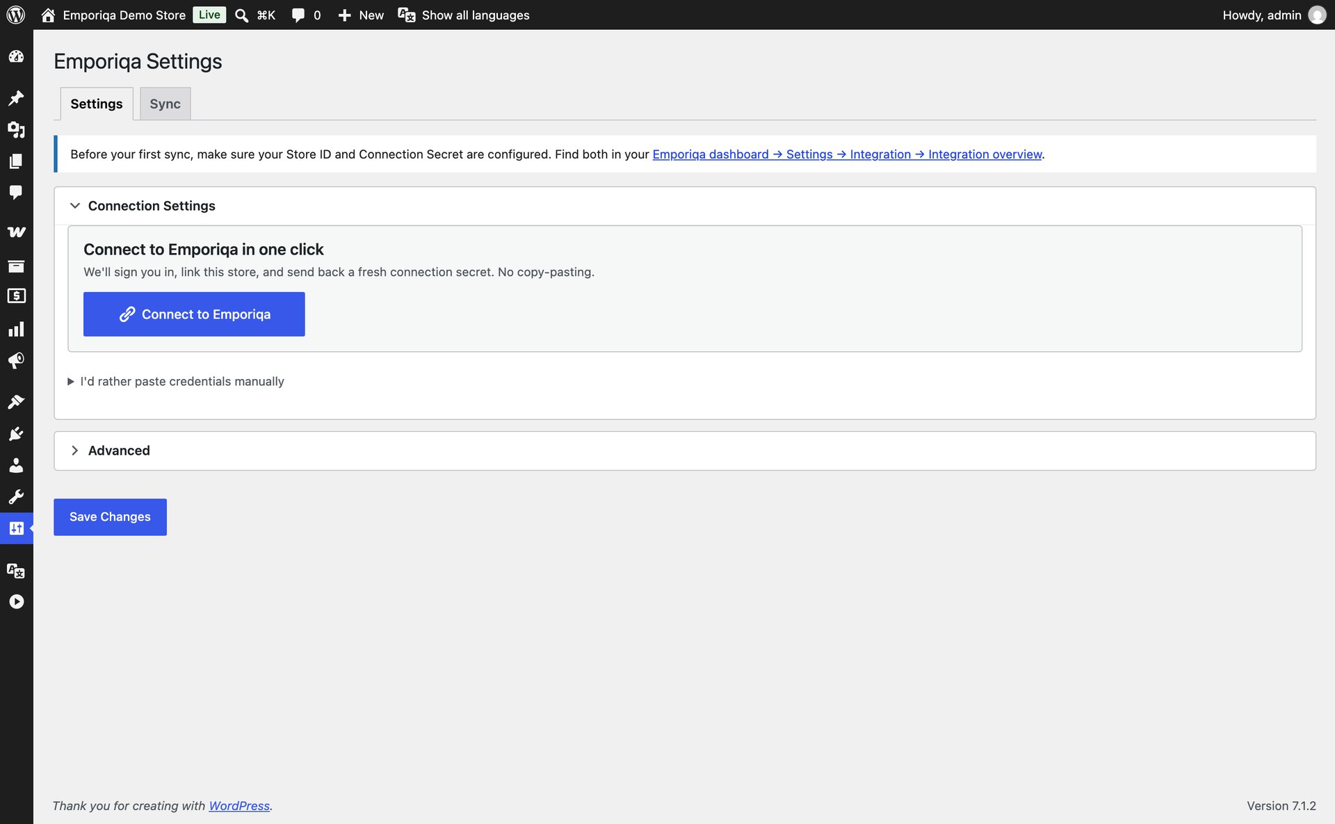 La page Emporiqa Settings dans l'administration WordPress avant la connexion : un message invitant à configurer le Store ID et le Connection Secret, la section Connection Settings avec un bouton Connect to Emporiqa et un lien replié I'd rather paste credentials manually, puis la section Advanced repliée.