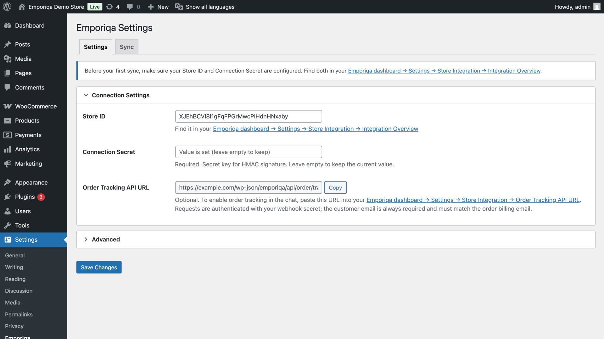 WordPress admin showing the Emporiqa Settings page with Store ID, Connection Secret, and Order Tracking API URL fields