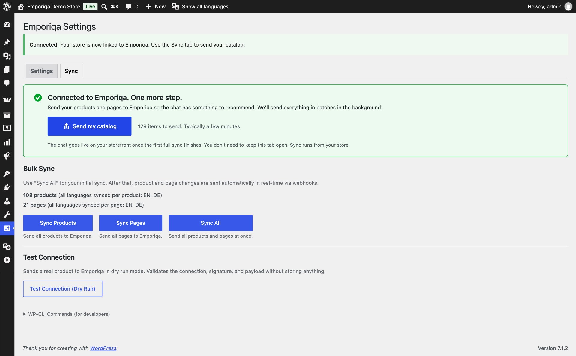 WordPress admin Sync tab showing a green welcome card with Connected to Emporiqa, a Send my catalog button, and the Bulk Sync panel below