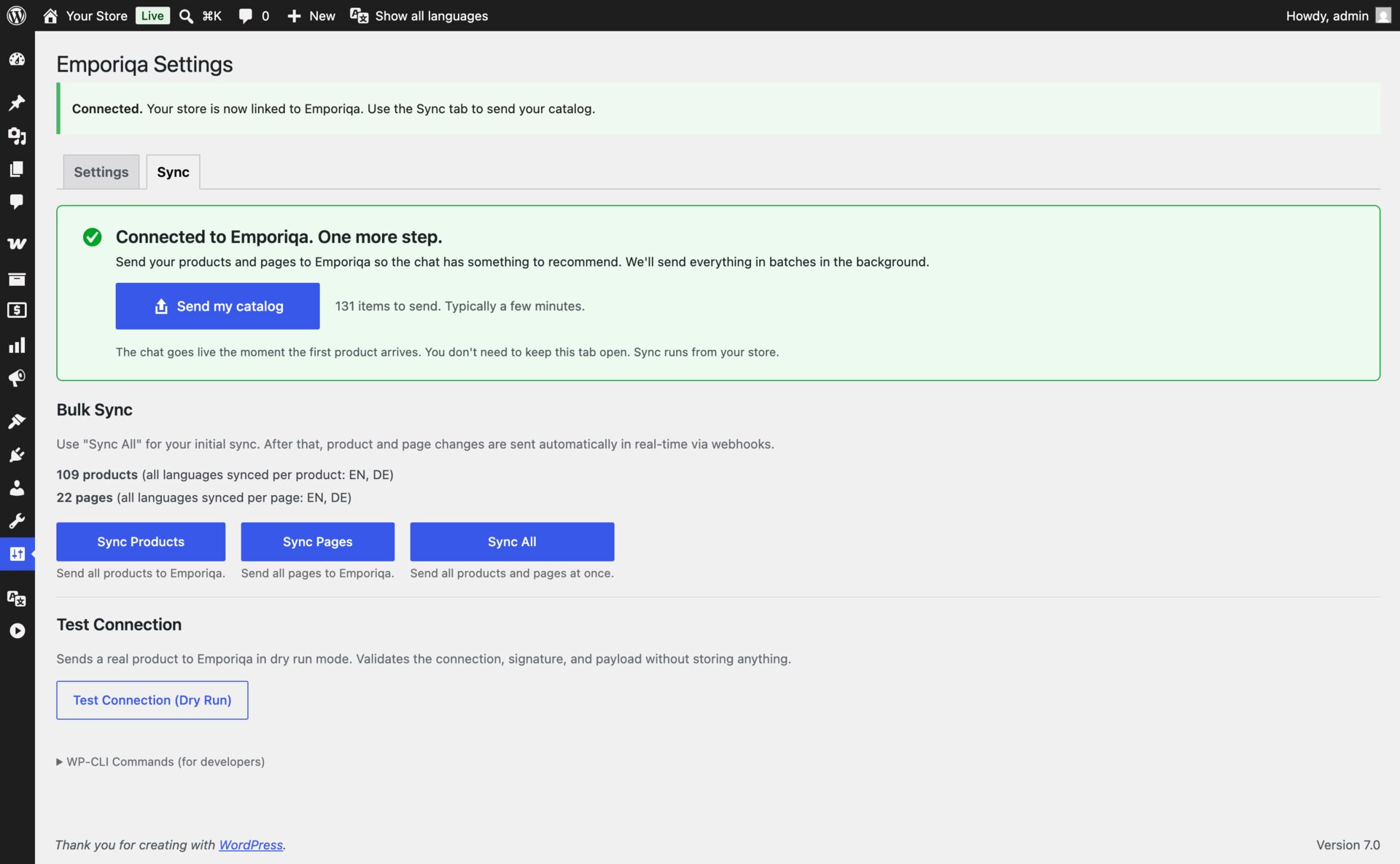 WordPress admin Sync tab showing a green welcome card with Connected to Emporiqa, a Send my catalog button, and the Bulk Sync panel below