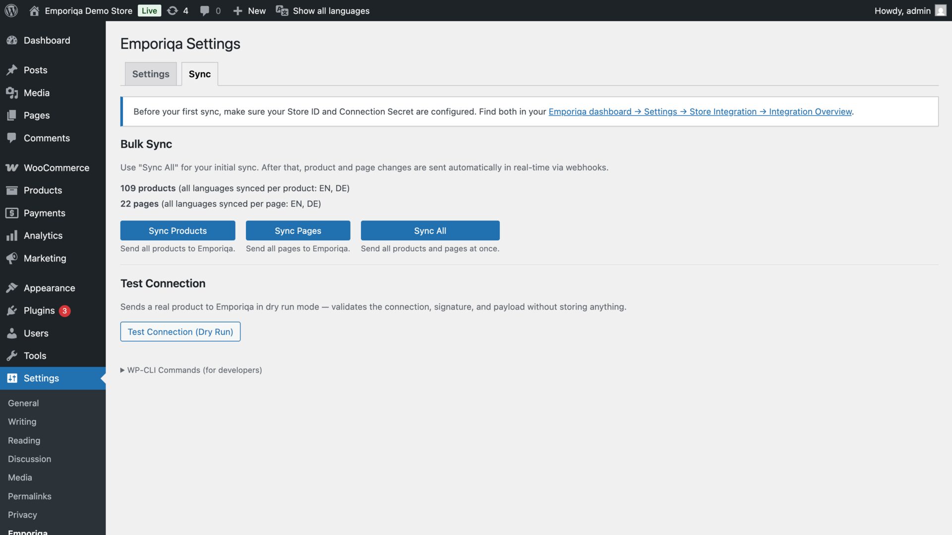 WordPress admin showing the Emporiqa Sync tab with Bulk Sync, product and page counts, and Test Connection action