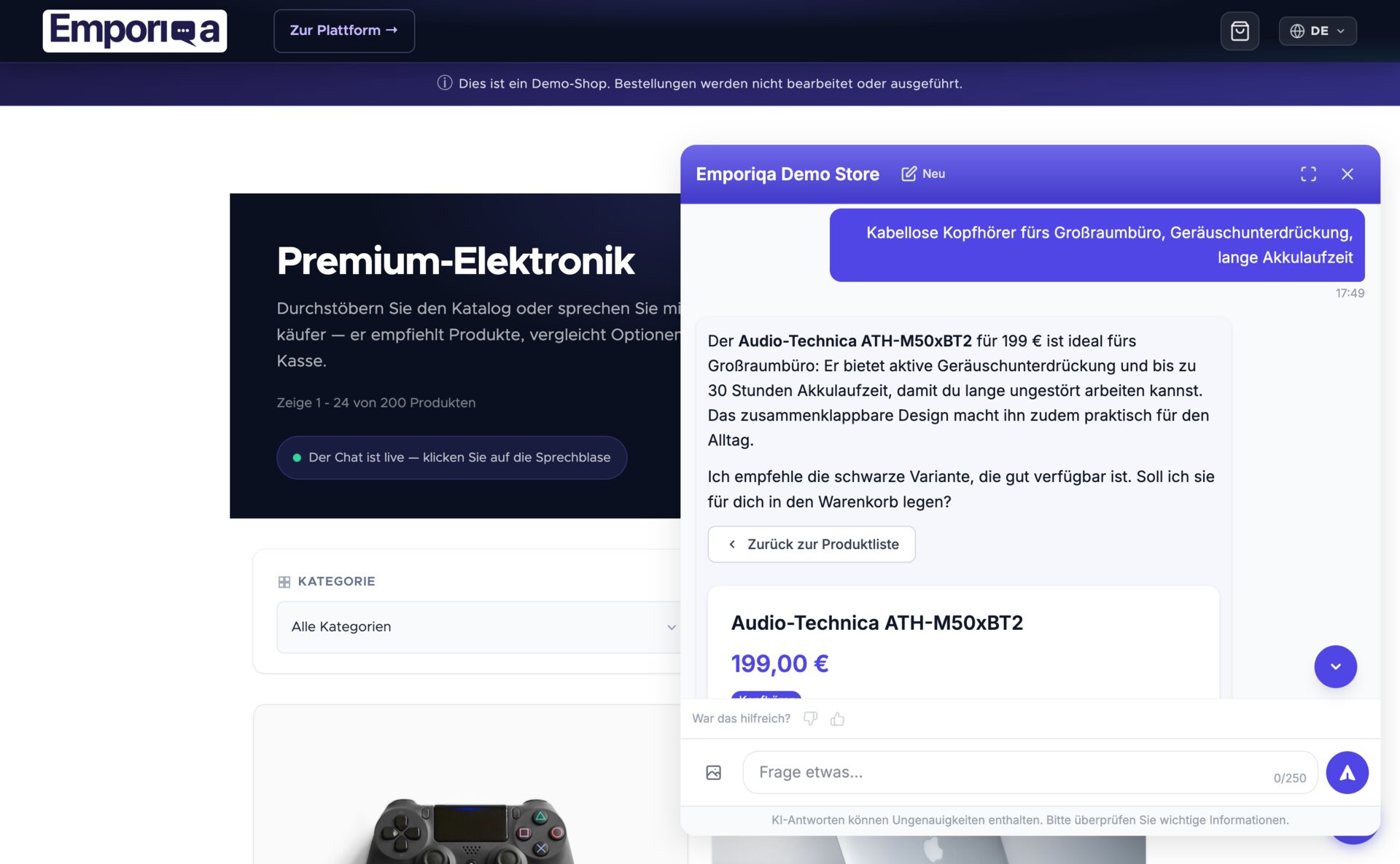 Online-Verkäufer antwortet auf eine natürlichsprachige Anfrage für kabellose Kopfhörer unter €500 mit großem Sound, empfählt die Beats Studio Pro mit ANC und 30-Stunden-Batterie