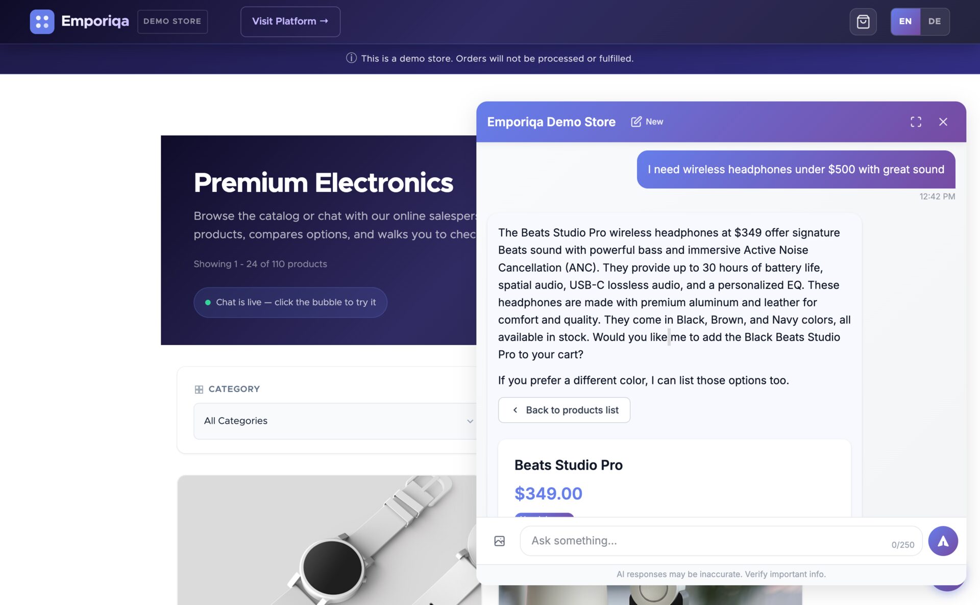 Vendeur en ligne répondant à une requête en langage naturel pour des écouteurs sans fil sous 500 $ avec un son excellent, recommandant le Beats Studio Pro avec ANC et 30 heures d'autonomie
