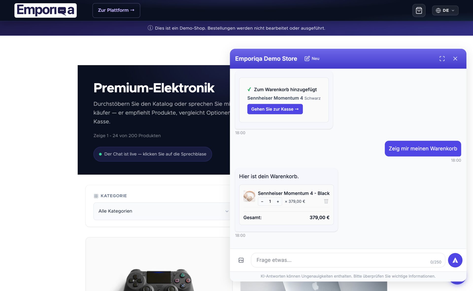 KI-Chatbot zeigt den In-Chat-Warenkorb mit einem hinzugefügten Sennheiser Momentum 4 Schwarz für 379 € und einem oben angepinnten Button „Zur Kasse“