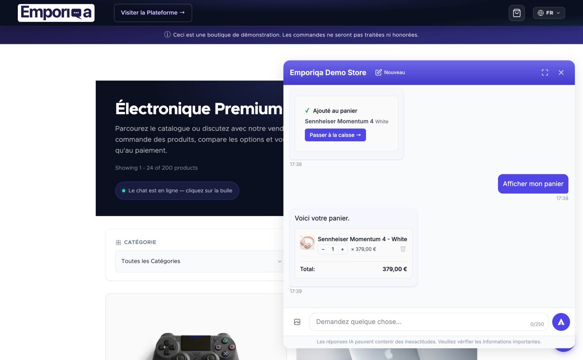 Chatbot IA affichant le panier dans le chat avec un Sennheiser Momentum 4 Noir à 379 € ajouté et un bouton « Passer à la caisse » épinglé en haut du chat
