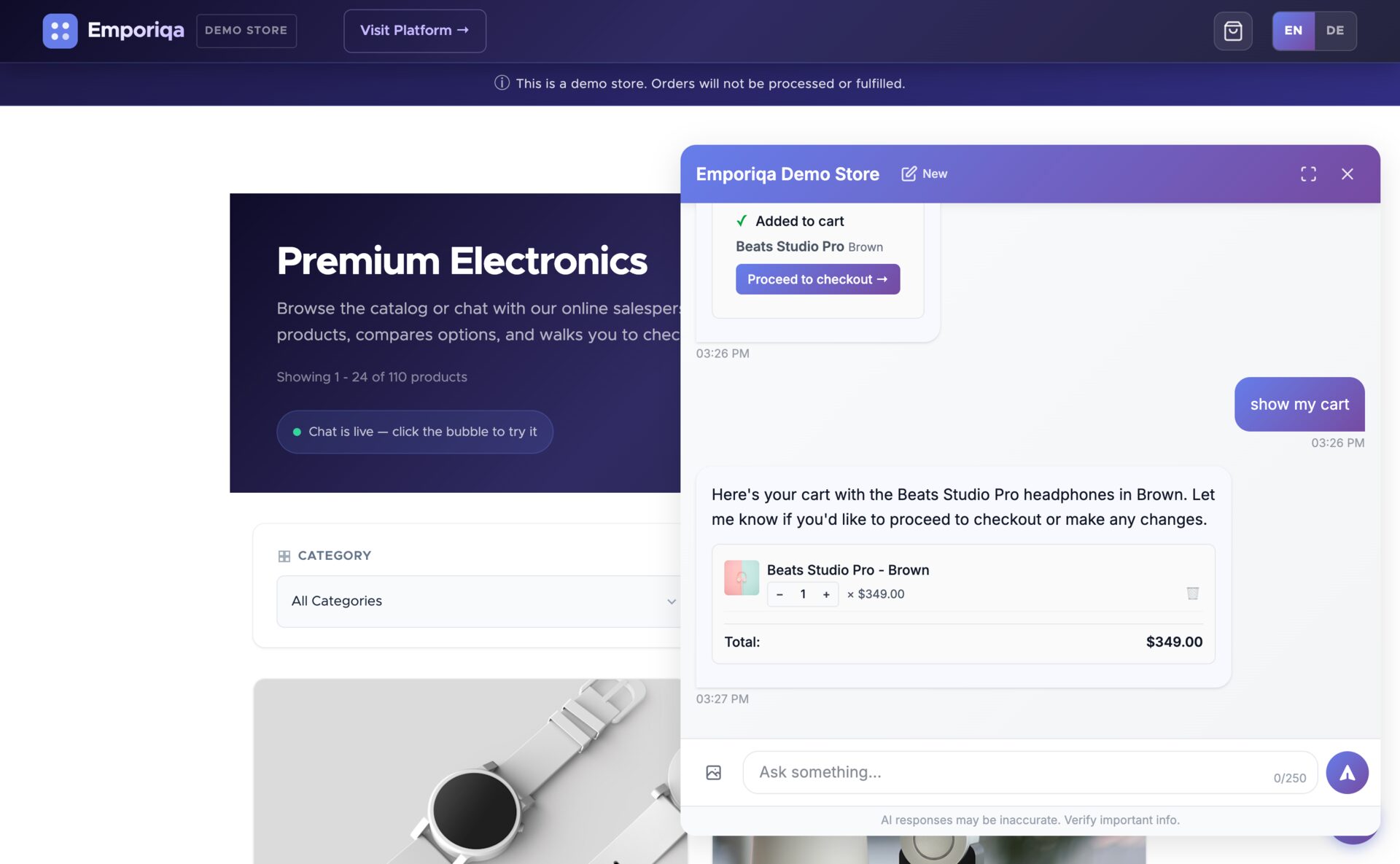 Chatbot IA affichant un panier avec un casque Beats Studio Pro ajouté et un bouton « passer à la caisse » épinglé en haut du chat