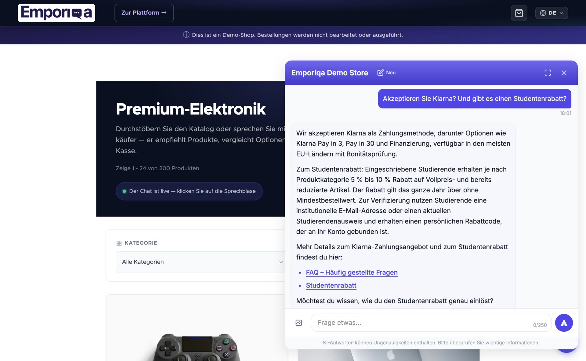 Chat-Widget in einem Shop, das Fragen zu Zahlungsarten und Studentenrabatten beantwortet
