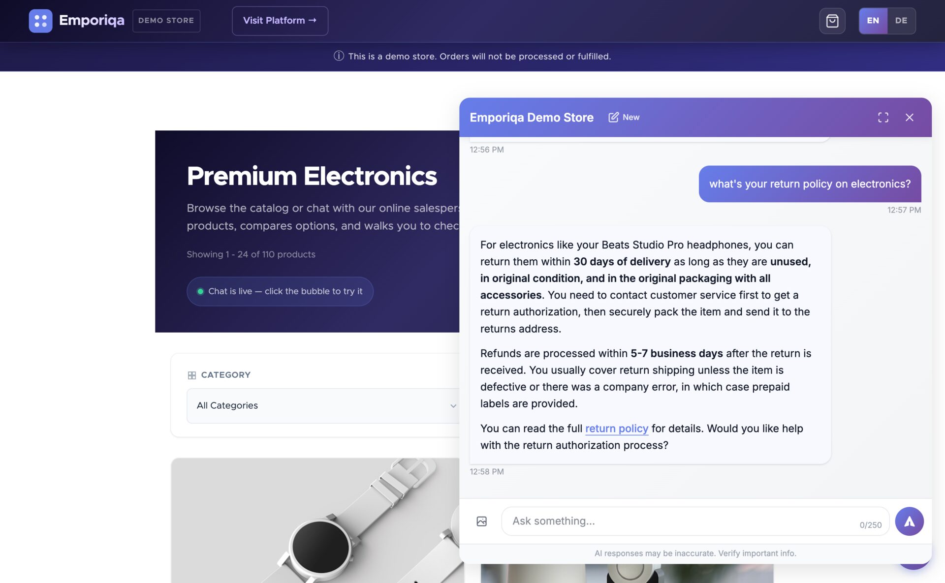 Widget de chat sur une boutique répondant à des questions sur les moyens de paiement et les remises étudiantes