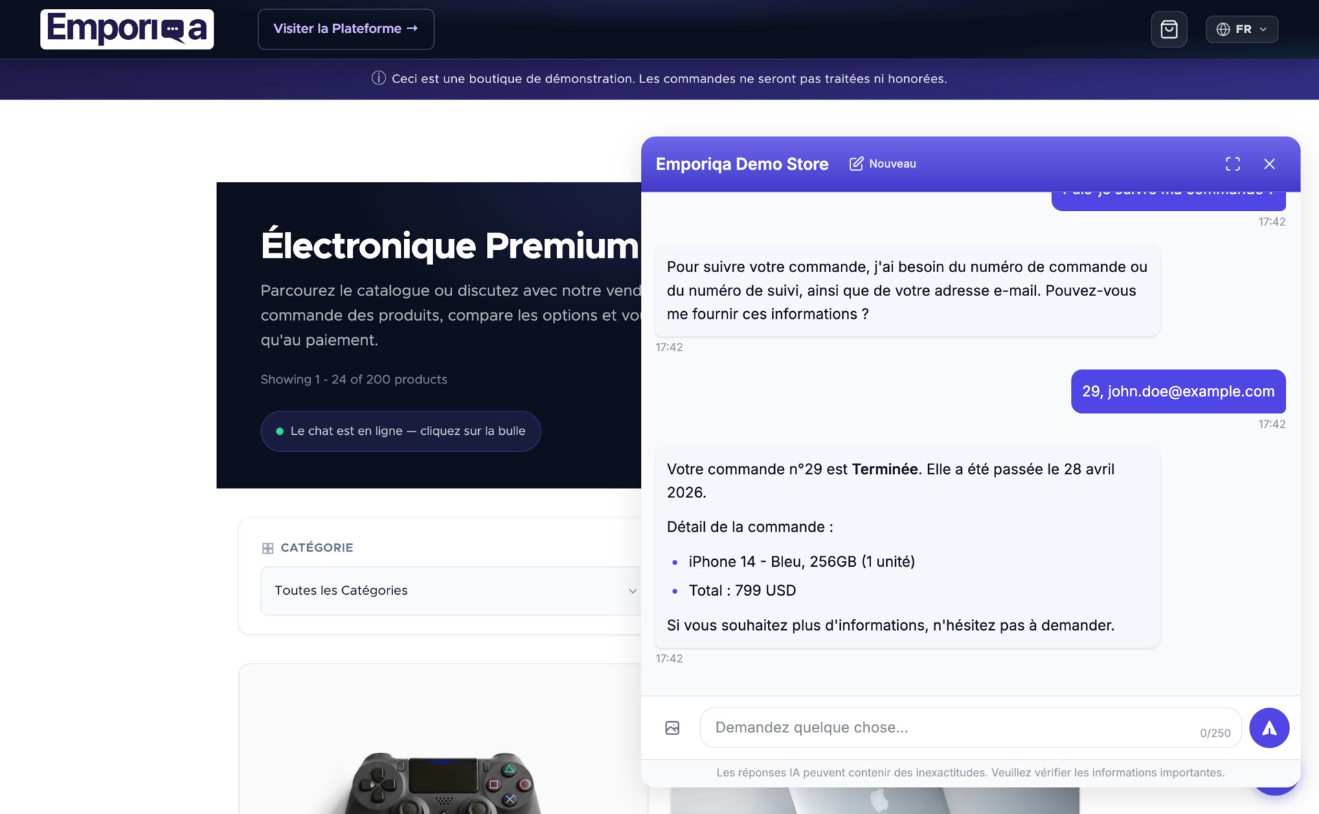 Vendeur en ligne recherchant la commande n° 29 par numéro et email du client, renvoyant un statut « Complété » avec l'iPhone 14 en ligne d'article, le total et la date de passage