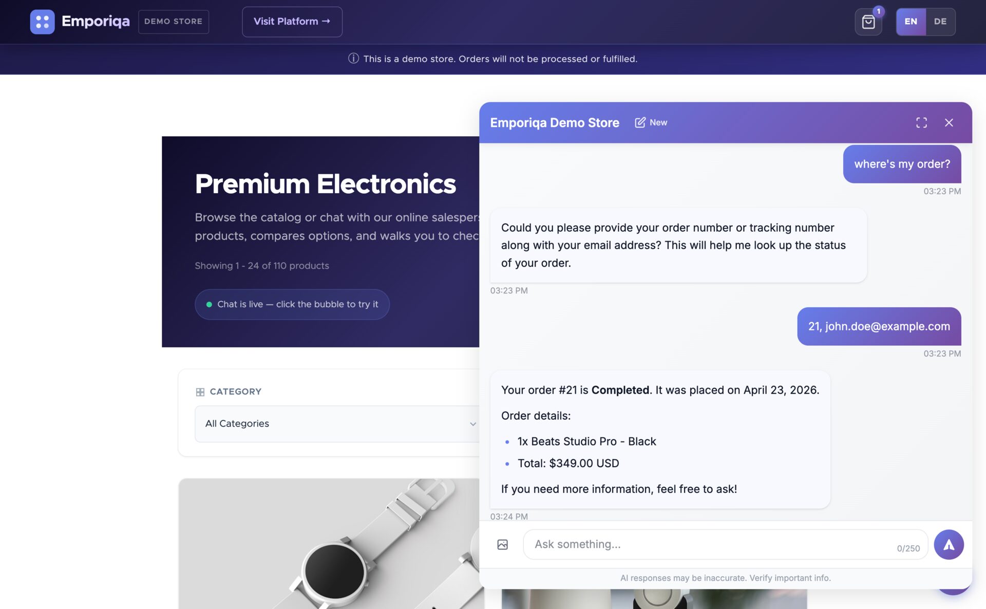 Vendeur en ligne recherchant une commande par numéro et email, renvoyant un statut « complété » avec articles, total et date de passage