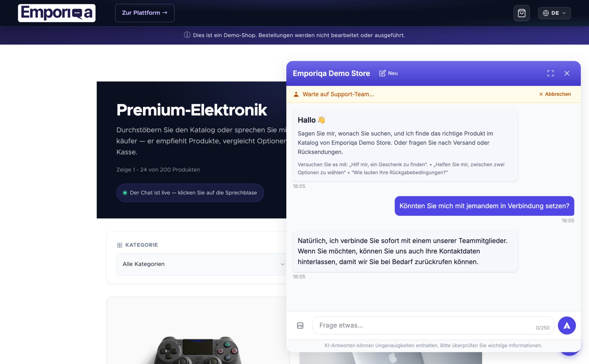 Online-Verkäufer verbindet die Kundin für eine Rückerstattungsanfrage mit einem Teammitglied und bietet an, Kontaktdaten zu erfassen, damit das Team nach dem Chat nachfassen kann