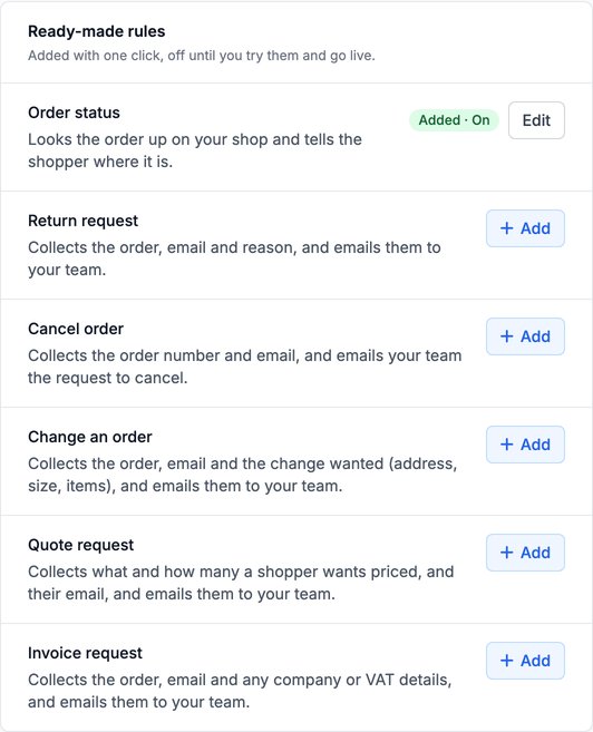 Der Bereich Ready-made rules unter Settings > Rules: Order status, hinzugefügt und aktiv, darunter Return request, Cancel order, Change an order, Quote request und Invoice request, jeweils mit einer kurzen Beschreibung und einer Schaltfläche Add.