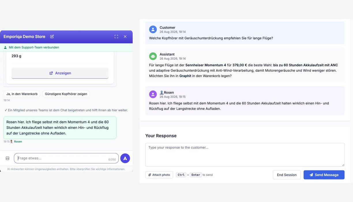 Dasselbe Gespräch von beiden Seiten. Links der Chat des Kunden: eine Zeile, dass ein Mitglied des Teams dem Chat beigetreten ist, darunter eine Antwort mit dem Namen dieser Person. Rechts dasselbe Gespräch im Emporiqa-Dashboard, diese Antwort bereits gesendet, und das Antwortfeld bereit für die nächste. Text und Uhrzeiten stimmen überein.