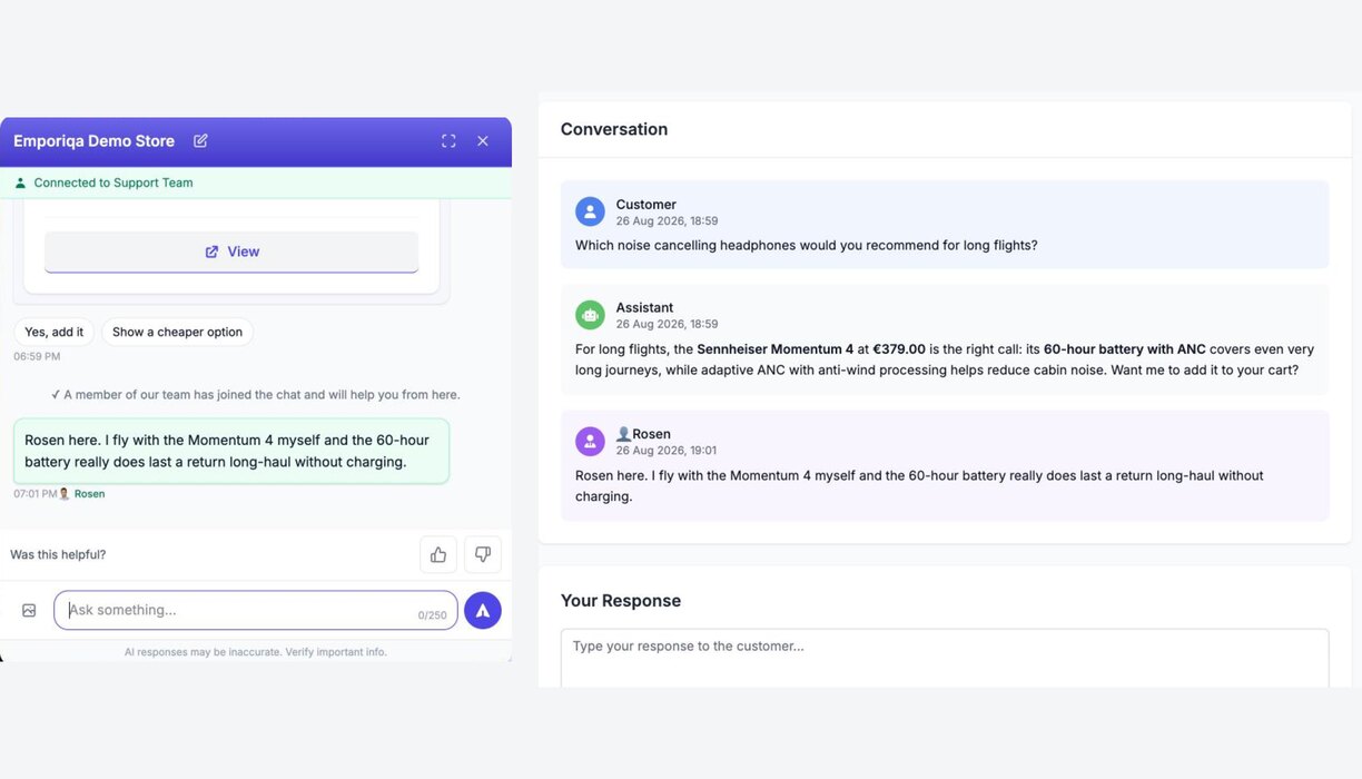 One conversation seen from both sides. Left, the shopper's chat: a line saying a member of the team has joined, then a reply that carries the teammate's name. Right, the same conversation in the Emporiqa dashboard, that reply already sent, with the response box ready for the next one. The reply text and the timestamps match.