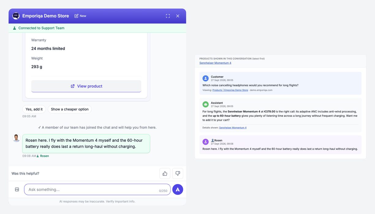 One conversation seen from both sides. Left, the shopper's chat: a line saying a member of the team has joined, then a reply from Rosen with his photo and name. Right, the same conversation in the Emporiqa dashboard: the page the shopper was viewing, the product the chat showed, the assistant's answer and Rosen's reply. The reply text and the times match.
