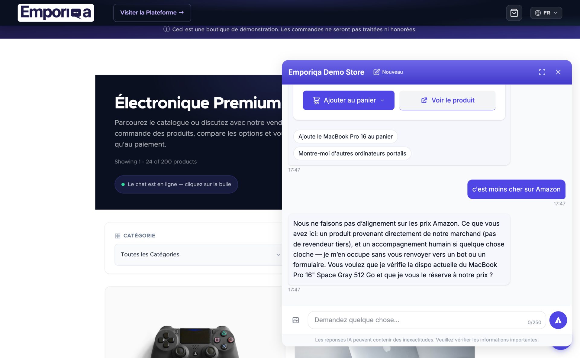 Vendeur en ligne répondant à l'objection « moins cher sur Amazon » — défend la valeur avec un stock vérifié et un support direct, propose de remplacer l'iPhone 15 Pro Max par le Xiaomi 14 Pro et propose une mise en relation avec l'équipe