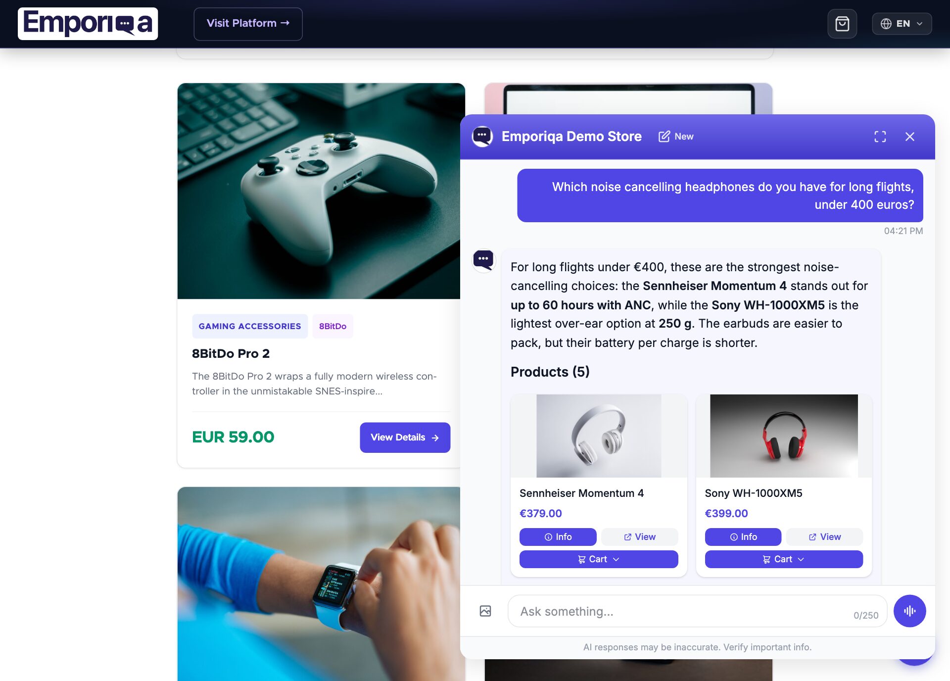 The Emporiqa chat on the Emporiqa Demo Store. The shopper asks for noise cancelling headphones for long flights, under 400 euros, and the answer recommends the Sennheiser Momentum 4 and the Sony WH-1000XM5, each shown as a product card with a Cart button.