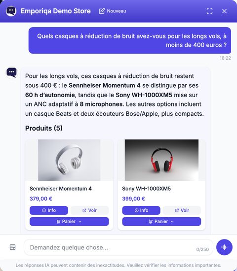 La fenêtre de chat Emporiqa sur l'Emporiqa Demo Store. À la question du client « Quels casques à réduction de bruit avez-vous pour les longs vols, à moins de 400 euros ? », la réponse indique que le Sennheiser Momentum 4 se distingue par ses 60 h d'autonomie et que le Sony WH-1000XM5 mise sur un ANC adaptatif à 8 microphones, puis cite un casque Beats et deux écouteurs Bose/Apple plus compacts. Sous le titre « Produits (5) », deux cartes produit : Sennheiser Momentum 4 à 379,00 € et Sony WH-1000XM5 à 399,00 €, chacune avec les boutons Info, Voir et Panier. En bas, le champ « Demandez quelque chose... » avec un bouton photo et un bouton vocal.