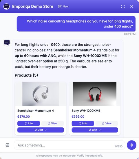 The Emporiqa chat window on the Emporiqa Demo Store. The shopper asks "Which noise cancelling headphones do you have for long flights, under 400 euros?" The answer says the Sennheiser Momentum 4 stands out for up to 60 hours with ANC and the Sony WH-1000XM5 is the lightest over-ear option at 250 g, and that the earbuds are easier to pack but last less per charge. Under the heading "Products (5)", two product cards: Sennheiser Momentum 4 at €379.00 and Sony WH-1000XM5 at €399.00, each with Info, View and Cart buttons. At the bottom, the message box "Ask something..." with a photo button and a voice button.