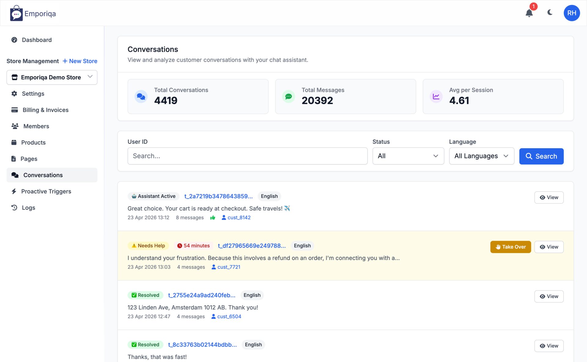 Boîte de conversations affichant des conversations filtrées par statut avec les états Active Assistant, Needs Help (avec bouton Take Over) et Resolved ; total de 4419 conversations et moyenne de 4,61 messages par session