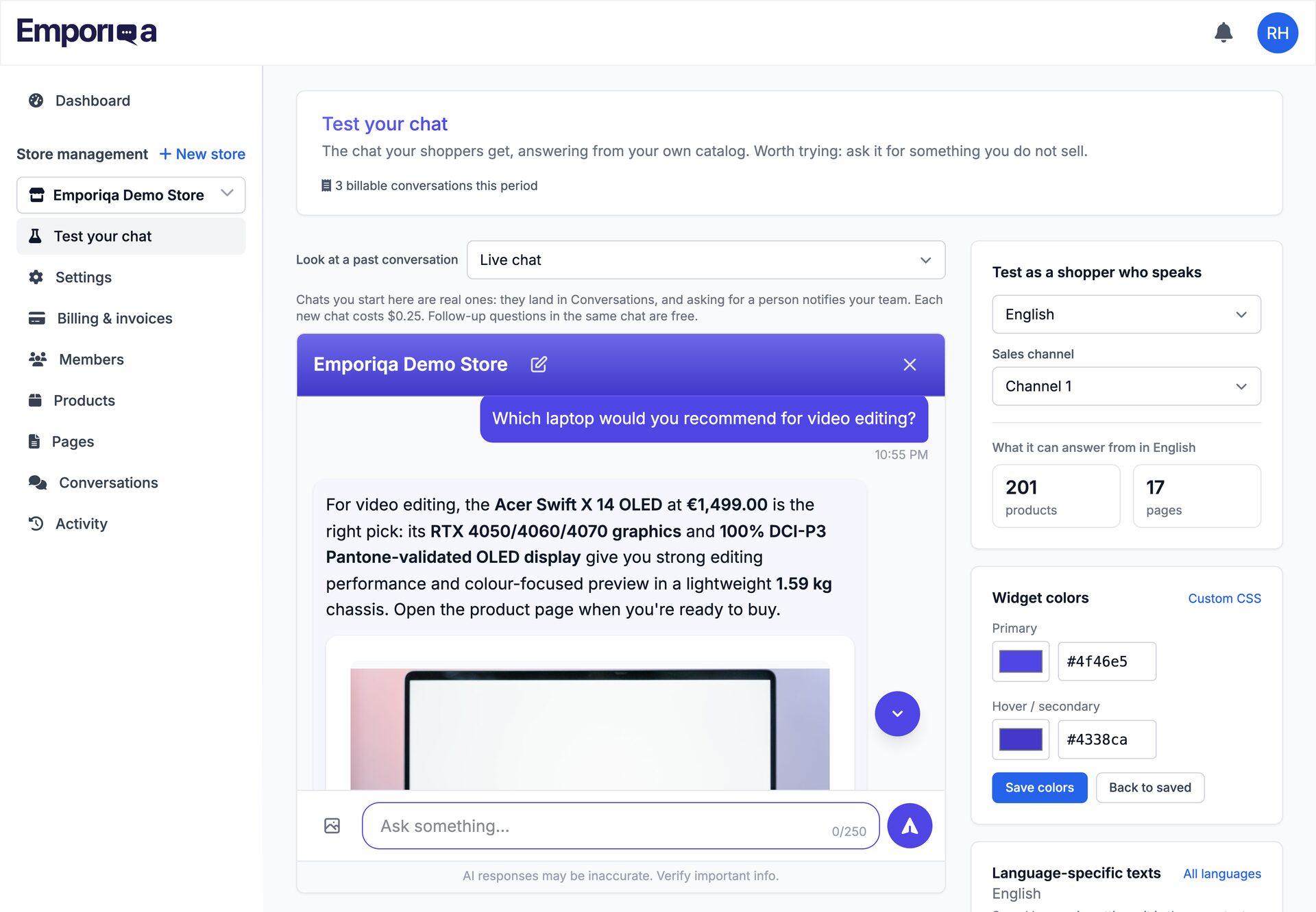 Test your salesperson page in the Emporiqa dashboard. A shopper asks which laptop to use for video editing and the chat answers with the Acer Swift X 14 OLED at €1,499.00, giving its reasons: RTX 4050/4060/4070 graphics and a 2.8K OLED display with 100% DCI-P3 colour. Beside it, controls for the shopper's language and sales channel, a count of 203 products and 17 pages it can answer from, and the widget colour editor. A line above the chat reads that chats started here are real, land in Conversations and cost $0.25 each.