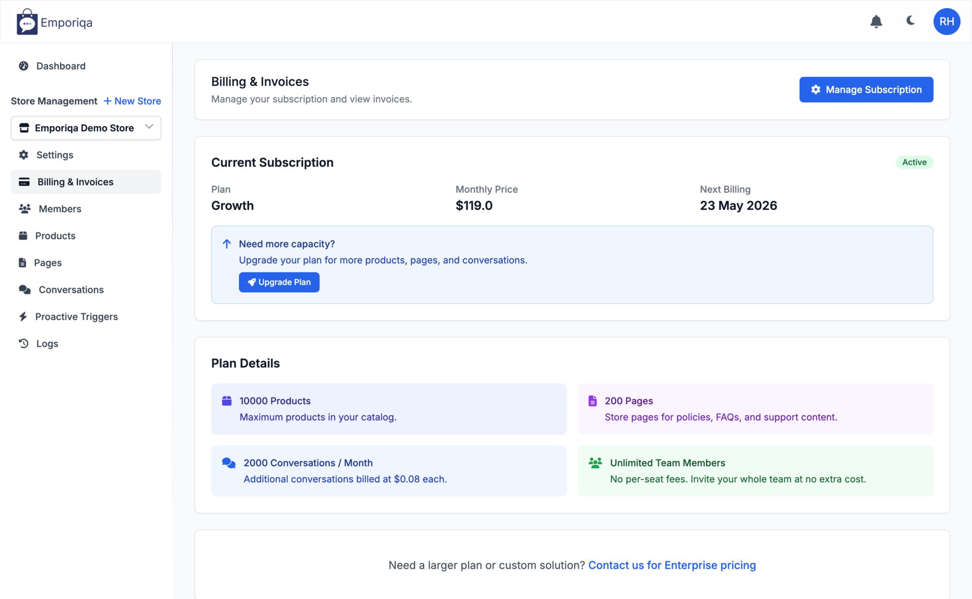 Tableau de bord de facturation montrant l'abonnement actuel (plan Growth, 119 $ par mois, prochaine facturation le 23 mai 2026), les détails du plan avec produits, pages, quotas de conversations et allocation de membres d'équipe