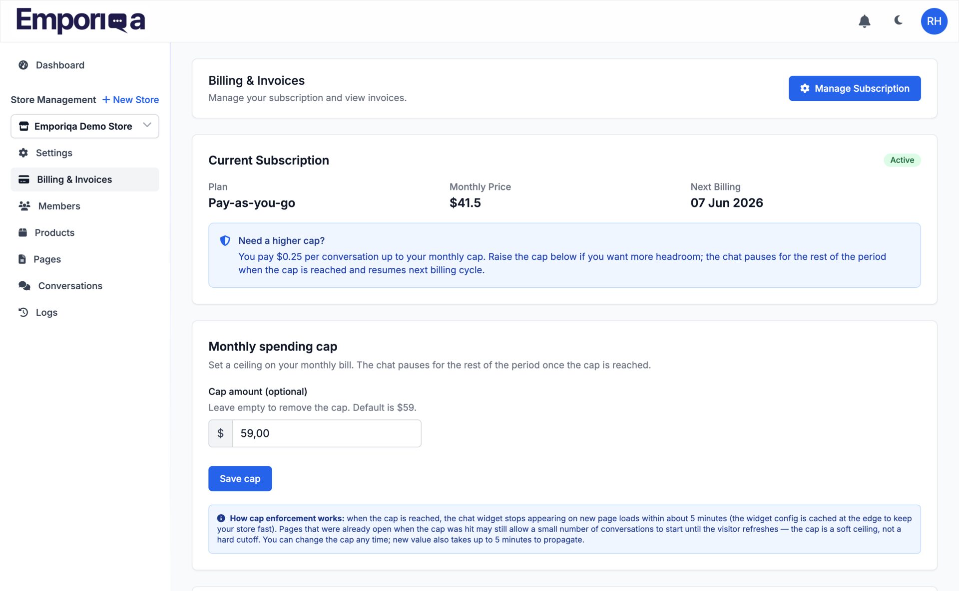 Tableau de bord de facturation montrant le plan Paiement à l'usage actif, la dépense mensuelle actuelle par rapport au plafond par défaut de 59 $, la prochaine date de facturation et l'explication du plafond progressif qui interrompt le chat une fois la limite atteinte