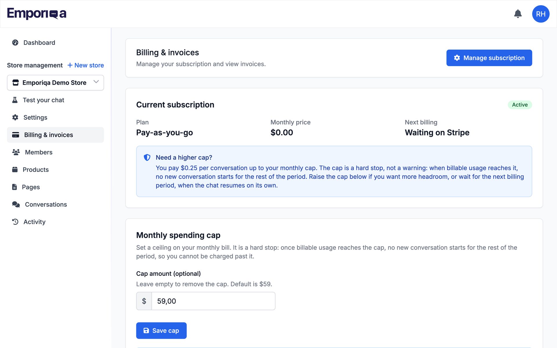 Billing dashboard showing the active Pay-as-you-go plan, its $0.00 monthly price, the next billing date, the monthly spending cap set to $59.00, and the explanation that the cap is a hard stop, not a warning: once billable usage reaches it, no new conversation starts until the next billing period