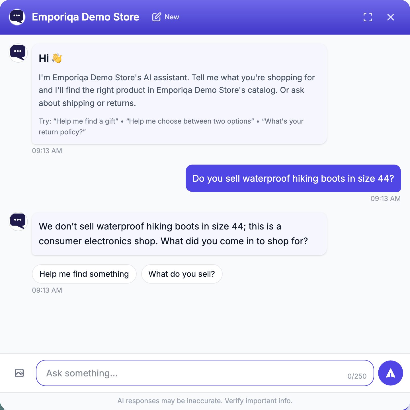 The Emporiqa chat answering a shopper who asked for something this shop does not stock. The reply says plainly that the shop does not sell it, names the kind of shop it is, and asks what the shopper came in for. Quick replies underneath offer a way back into the catalog.