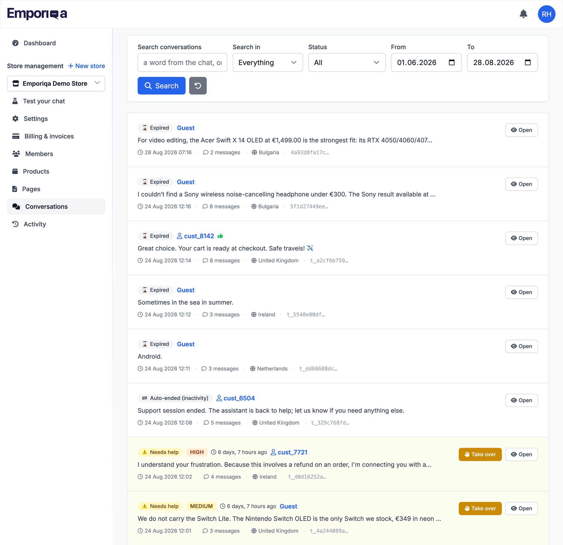 The Emporiqa conversations list. A filter bar runs across the top with a search box, a selector for what to search in, a status selector and a date range. Under it the conversations themselves, each row carrying its status, whether the shopper was signed in or a guest, the last line of the chat, the time, the message count and the country it came from. Rows waiting on a person are highlighted and carry a Take over button.