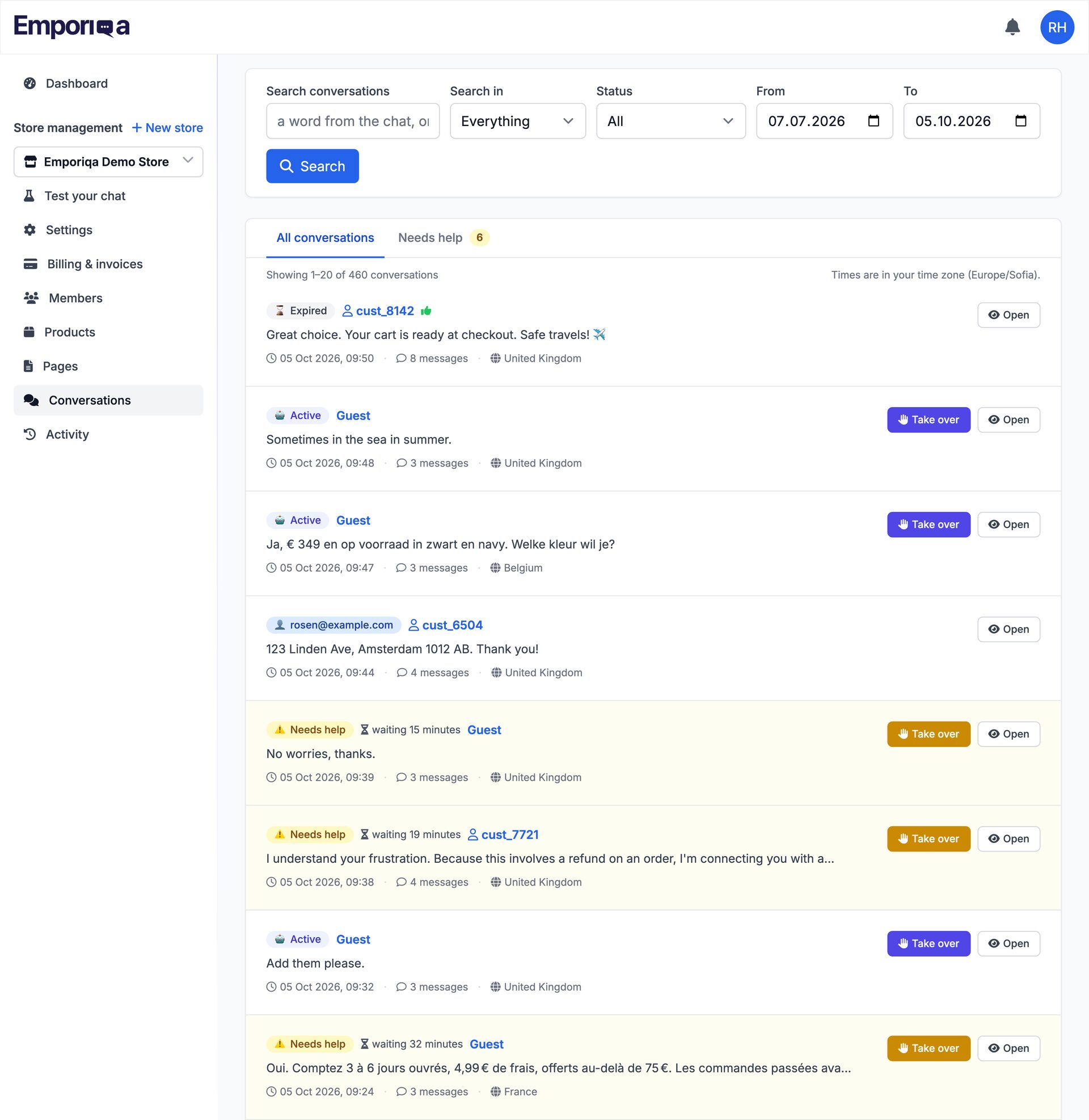 The Emporiqa conversations list. A filter bar runs across the top with a search box, a selector for what to search in, a status selector and a date range. Under it the conversations themselves, each row carrying its status, whether the shopper was signed in or a guest, the last line of the chat, the time, the message count and the country it came from. Rows waiting on a person are highlighted and carry a Take over button.