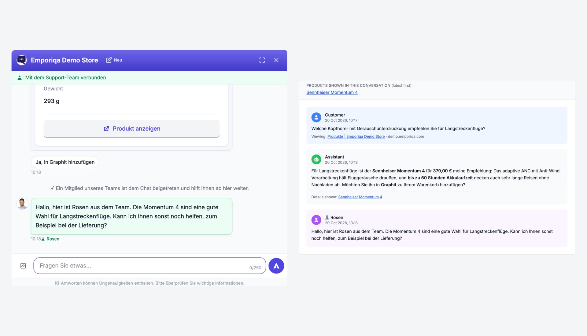 Ein Gespräch von beiden Seiten. Links der Chat des Kunden im Emporiqa Demo Store: Mit dem Support-Team verbunden, eine Zeile, dass ein Teammitglied dem Chat beigetreten ist, dann eine Antwort von Rosen. Rechts dasselbe Gespräch im Emporiqa-Dashboard: die gezeigten Produkte, die Frage des Kunden nach Kopfhörern für lange Flüge mit der Seite, die er gerade ansah, die Antwort des Assistenten, der den Sennheiser Momentum 4 für 379,00 € empfiehlt, und Rosens Antwort.