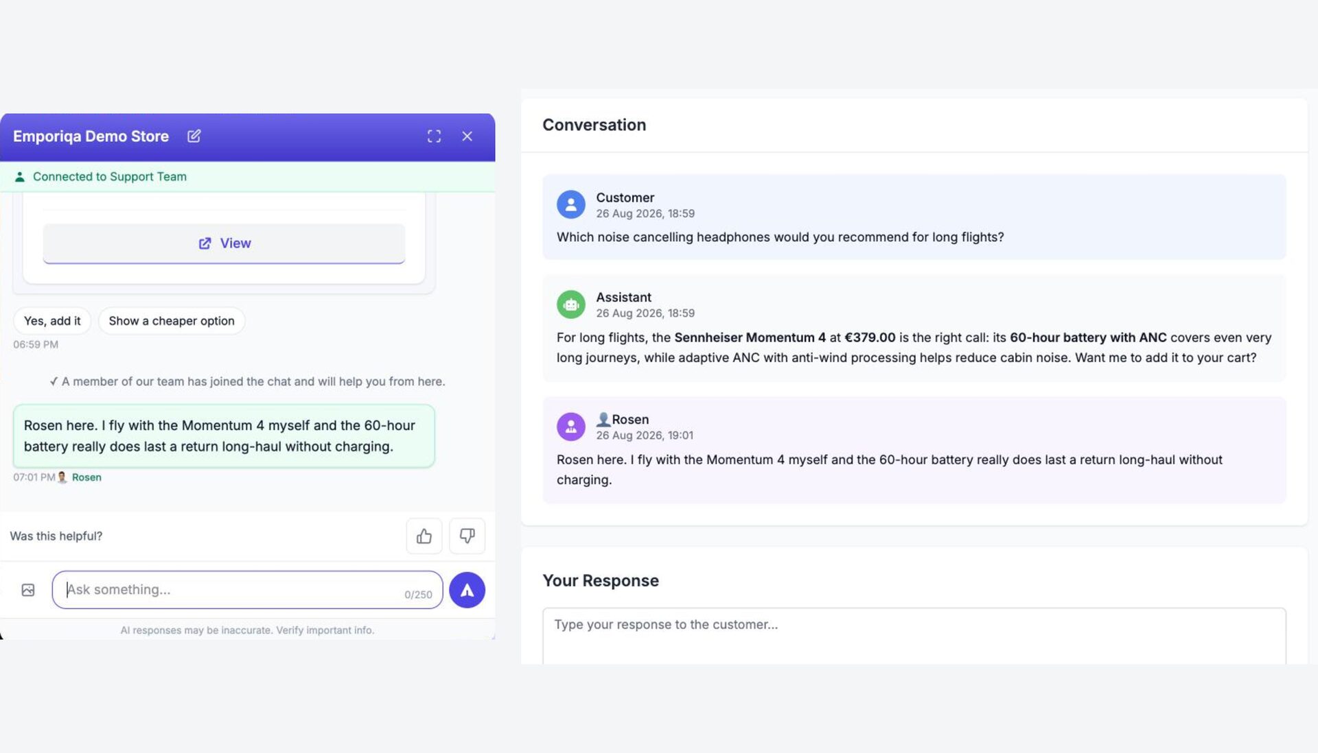 One conversation seen from both sides. Left, the shopper's chat on the Emporiqa Demo Store: Connected to Support Team, a line saying a member of the team has joined, then a reply from Rosen. Right, the same conversation in the Emporiqa dashboard: the shopper's question about headphones for long flights, the assistant's answer recommending the Sennheiser Momentum 4 at €379.00, Rosen's reply, and a box to type the next response.