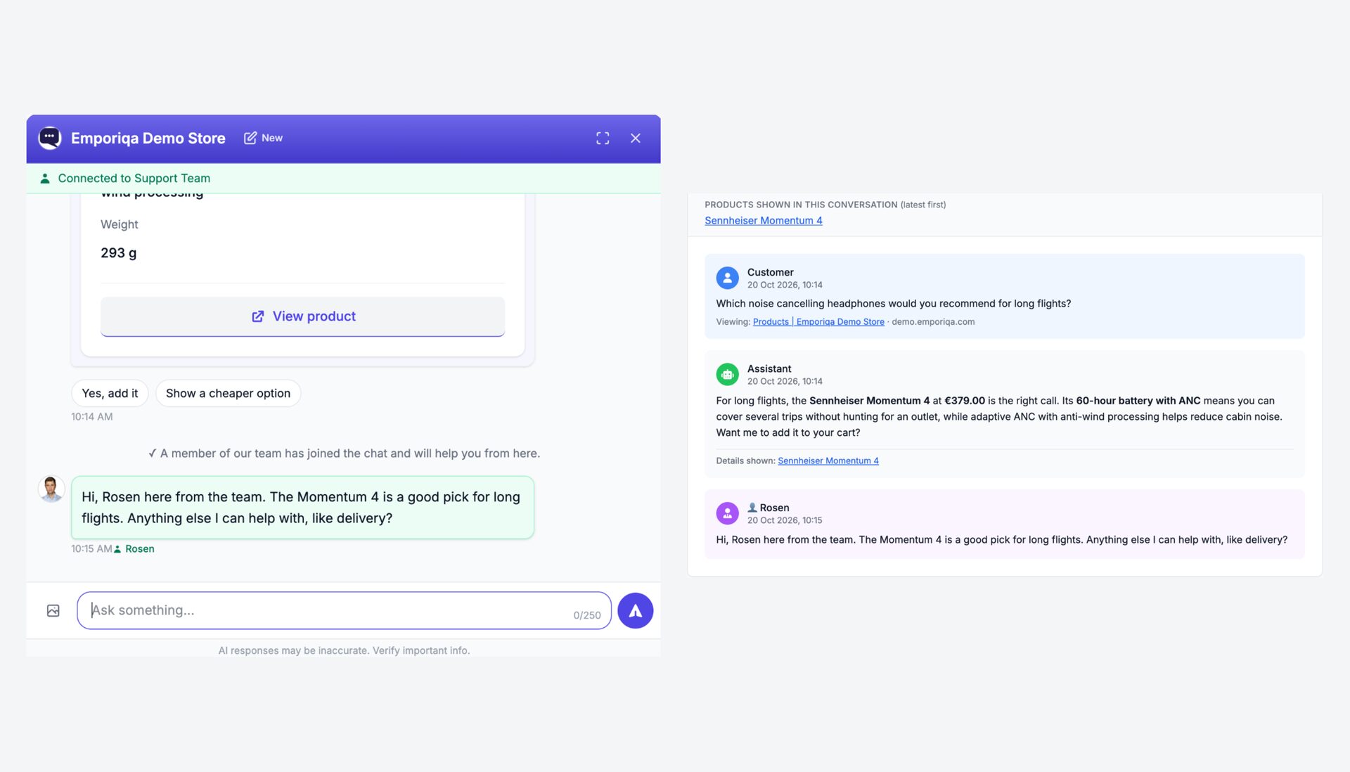 One conversation seen from both sides. Left, the shopper's chat on the Emporiqa Demo Store: Connected to Support Team, a line saying a member of the team has joined, then a reply from Rosen. Right, the same conversation in the Emporiqa dashboard: the products shown, the shopper's question about headphones for long flights with the page they were viewing, the assistant's answer recommending the Sennheiser Momentum 4 at €379.00, and Rosen's reply.