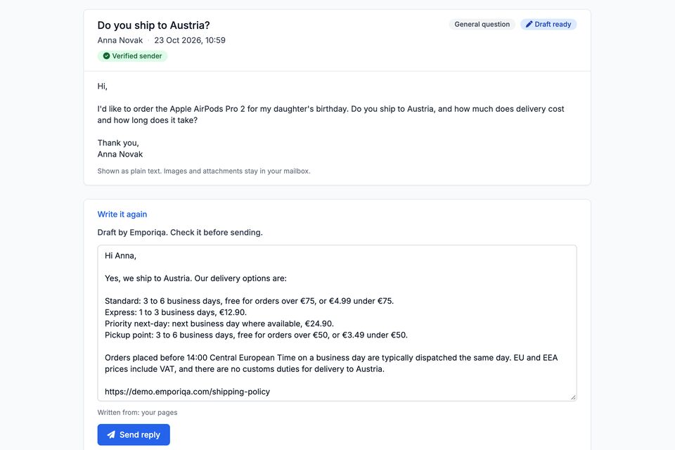 A customer email in the Emporiqa dashboard asking whether the shop delivers to Austria. Below it, a draft reply listing the delivery options and prices from the store's shipping page, with a Send reply button.