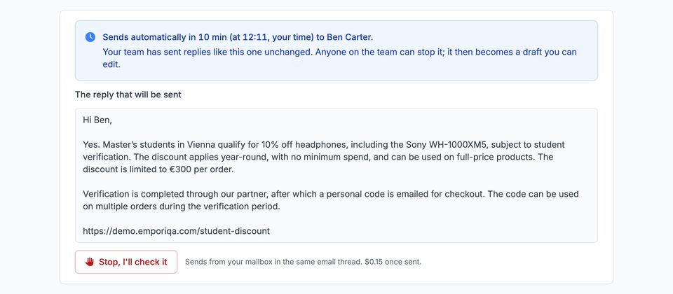 An automatic reply waiting under Sending soon: it sends in a few minutes unless someone on the team presses Stop.
