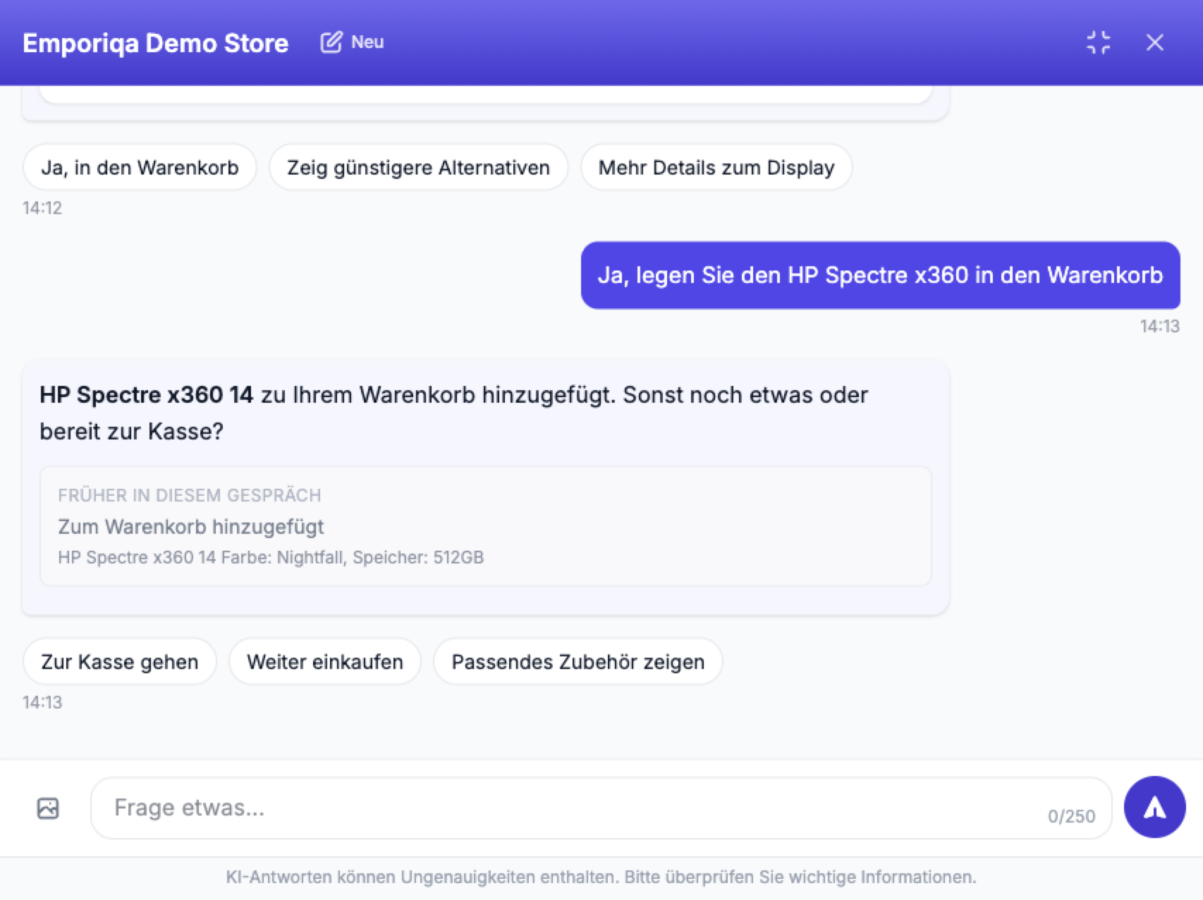 Screenshot aus der Demo: Er legt genau die besprochene Variante in den Warenkorb, bestätigt und bietet den Weg zur Kasse an. Er schließt ab.