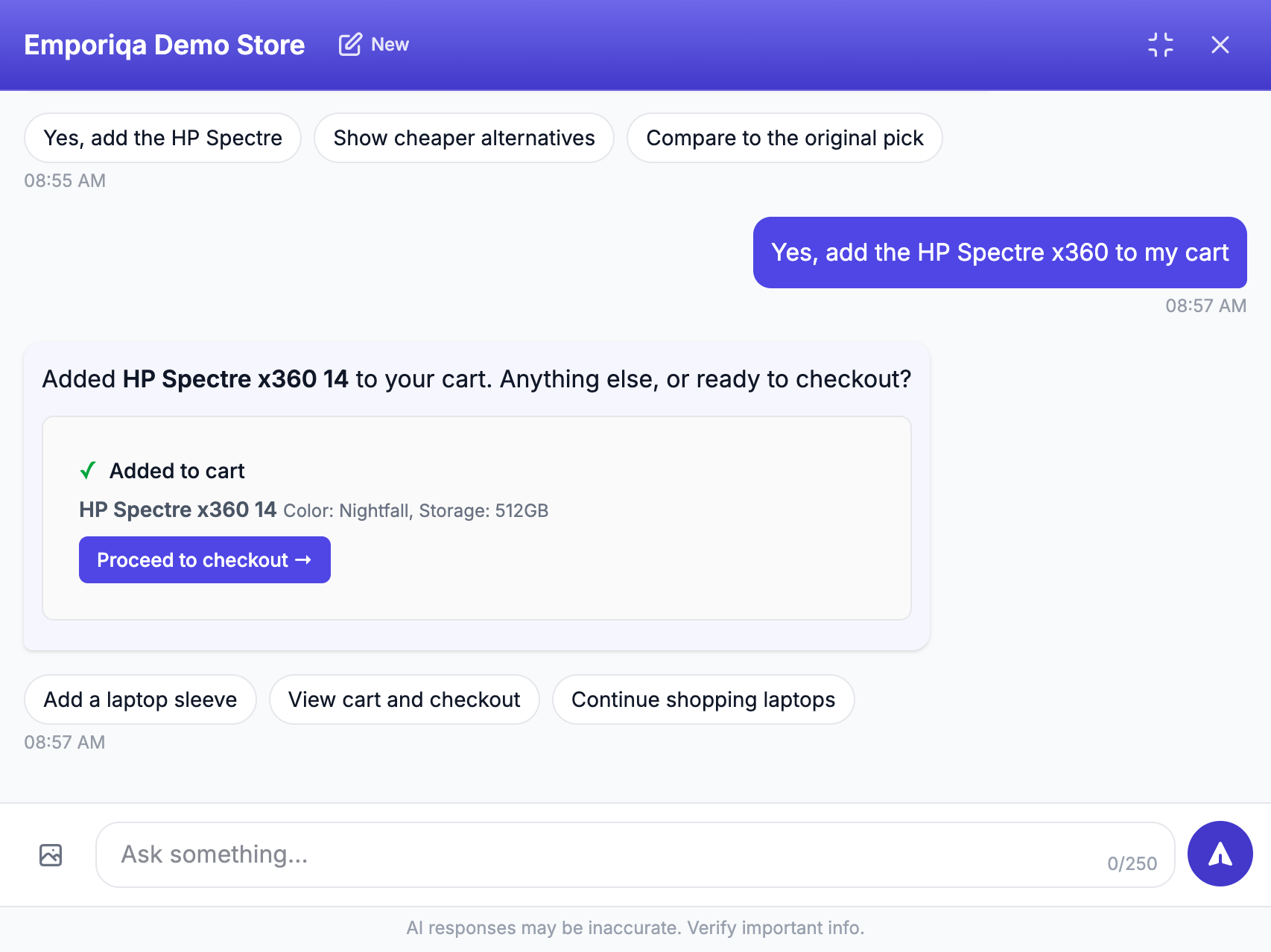 Screenshot from the demo: It adds the exact variant it offered, confirms, and moves to checkout. In the screenshot you can see it also …