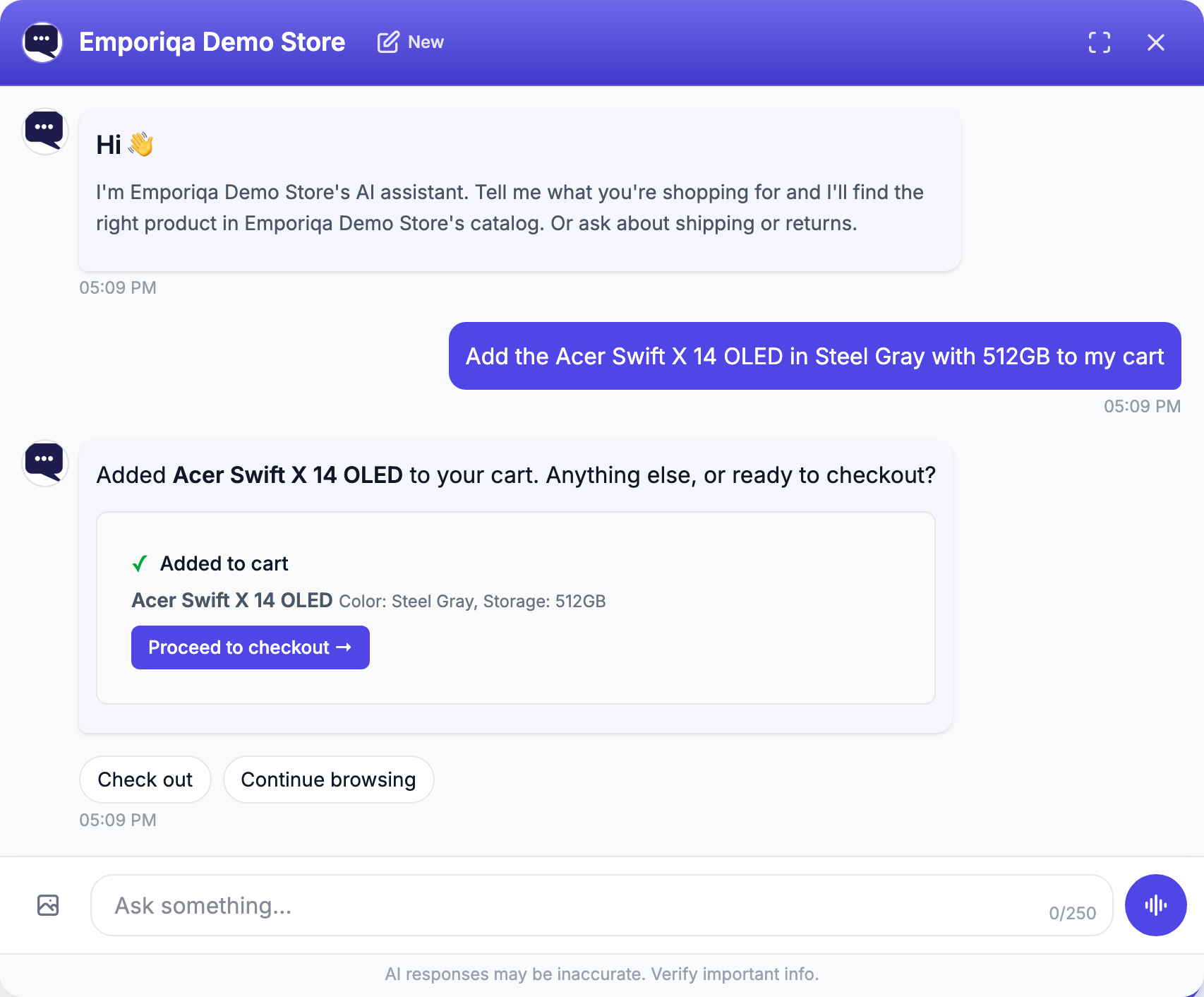 Screenshot from the demo: It adds the exact variant the shopper named, confirms it on screen, and puts the checkout button right there. It …
