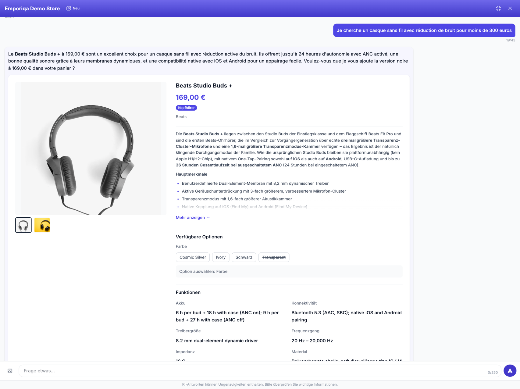Screenshot aus der Demo: Ein Kunde fragt auf Französisch, und Ihr Shop antwortet auf Französisch, aus demselben Katalog, mit Budget und Abschlussfrage. Ausländische Kunden …