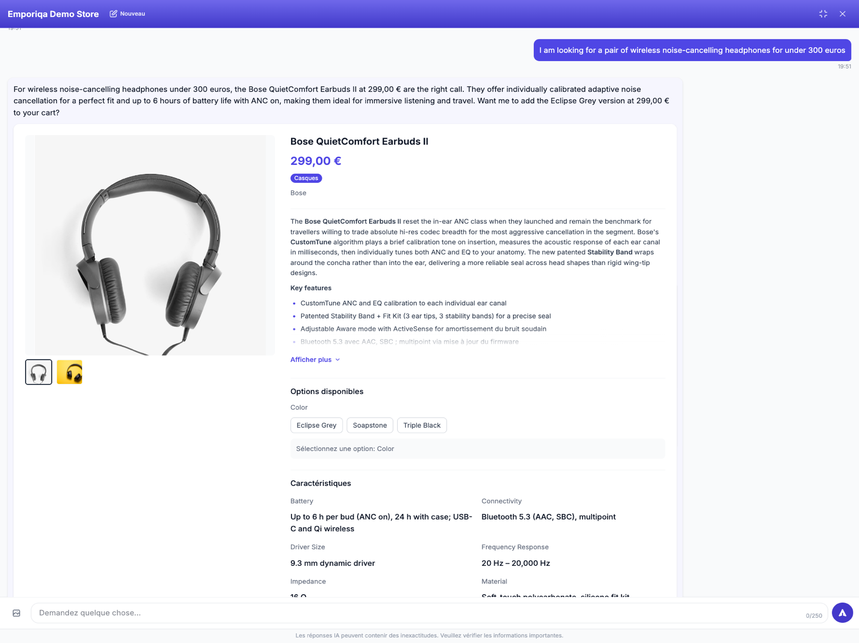 Capture d'écran de la démo: Un client demande en anglais, et votre boutique répond en anglais, depuis le même catalogue, budget respecté, avec la question …