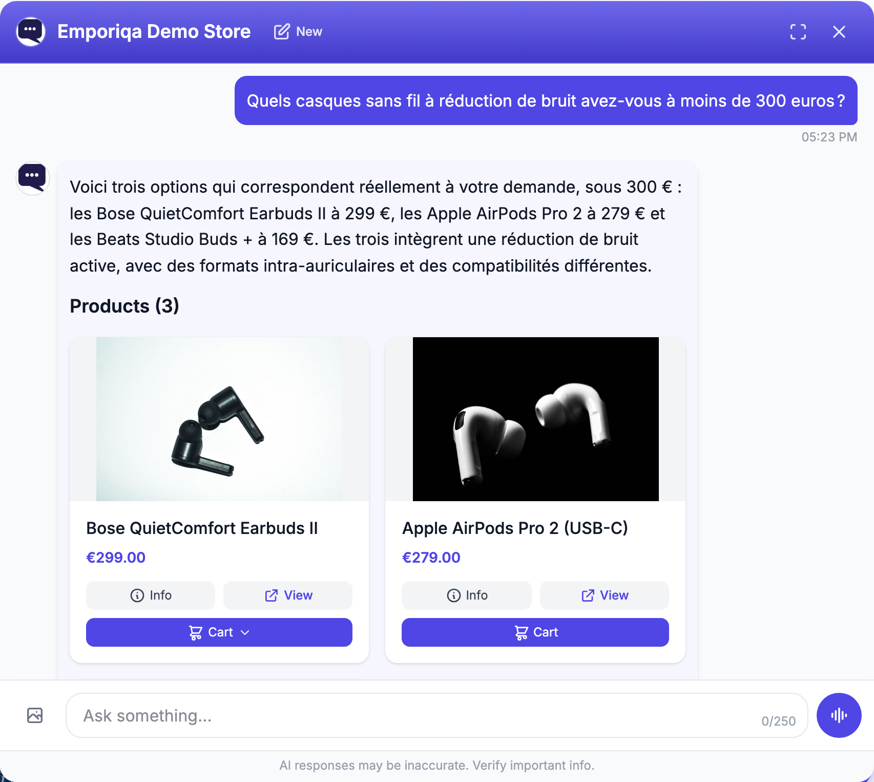 Screenshot from the demo: A French question resolves an English-labeled catalog, answers in French and keeps to the budget. Serve every market from one …