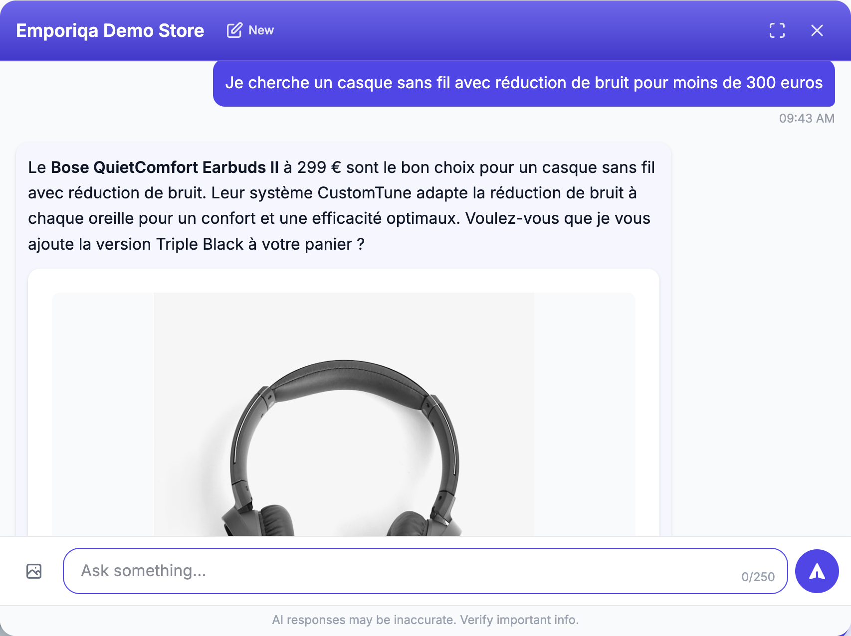 Screenshot from the demo: Je cherche un casque sans fil avec réduction …
