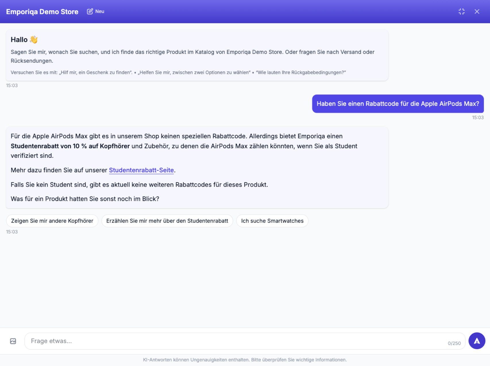 Screenshot aus der Demo: Er erfindet keinen Code, sondern zeigt eine Aktion von den Seiten des Shops. Die einzigen Rabatte, die er nennt, sind …