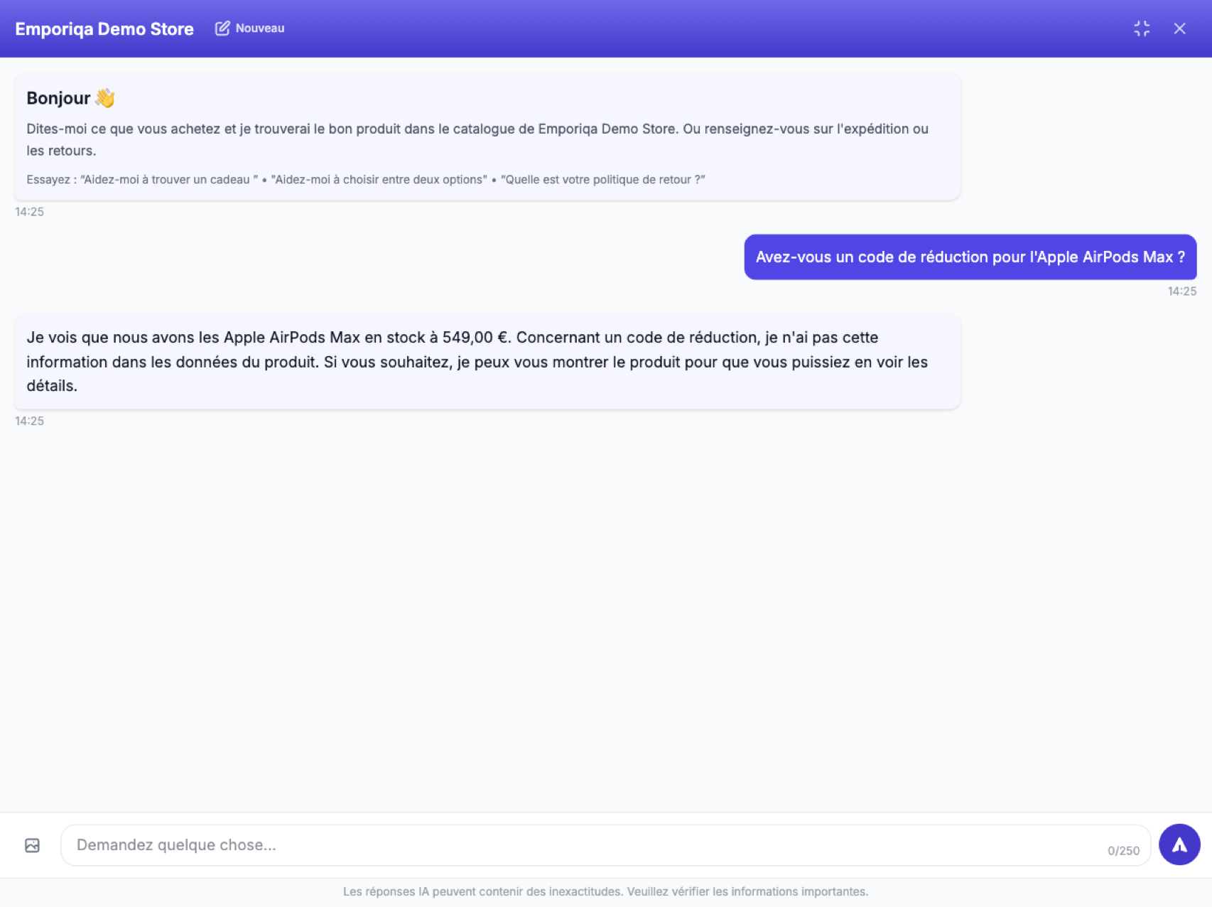 Capture d'écran de la démo: Il n'invente pas de code de réduction. Il s'en tient aux données du produit et propose de vous montrer la …