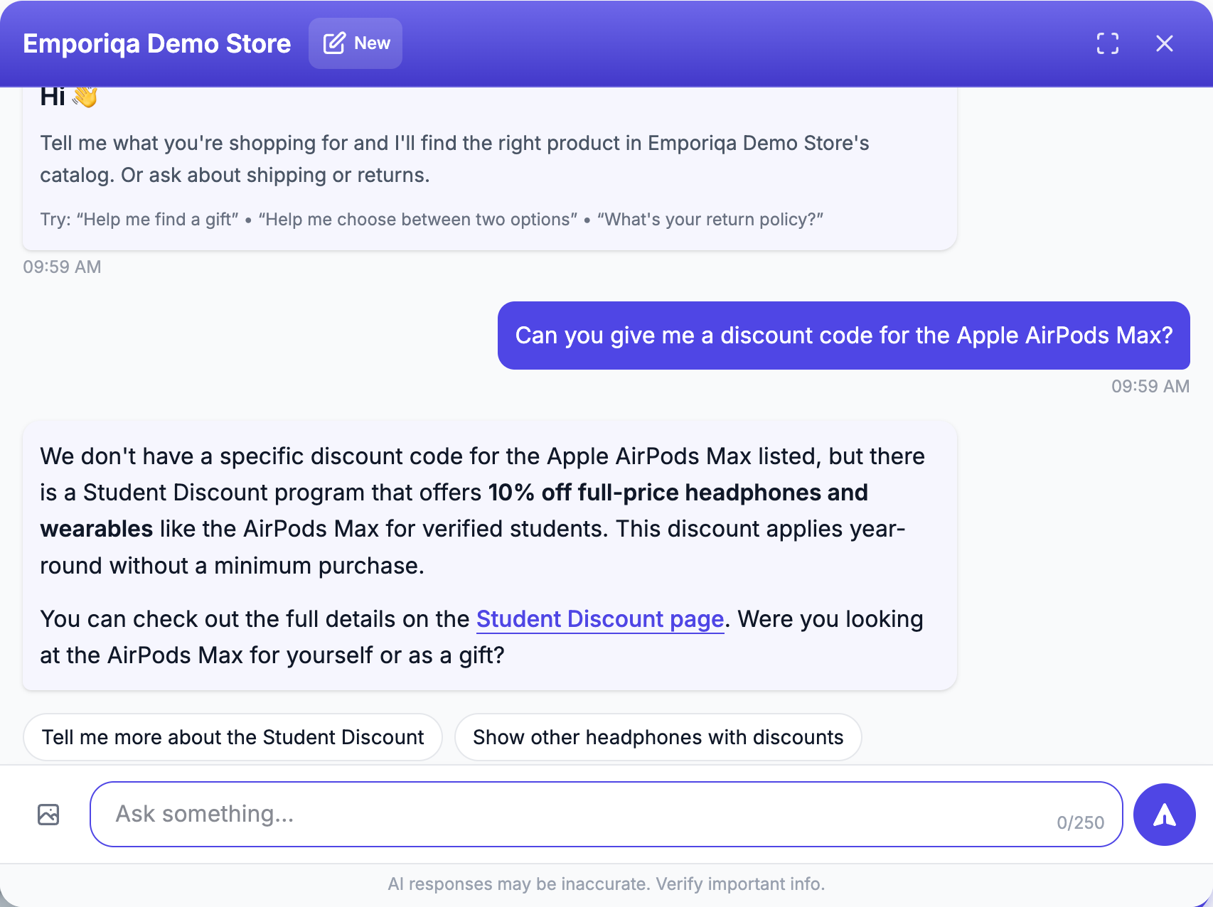 Screenshot from the demo: Can you give me a discount code for …